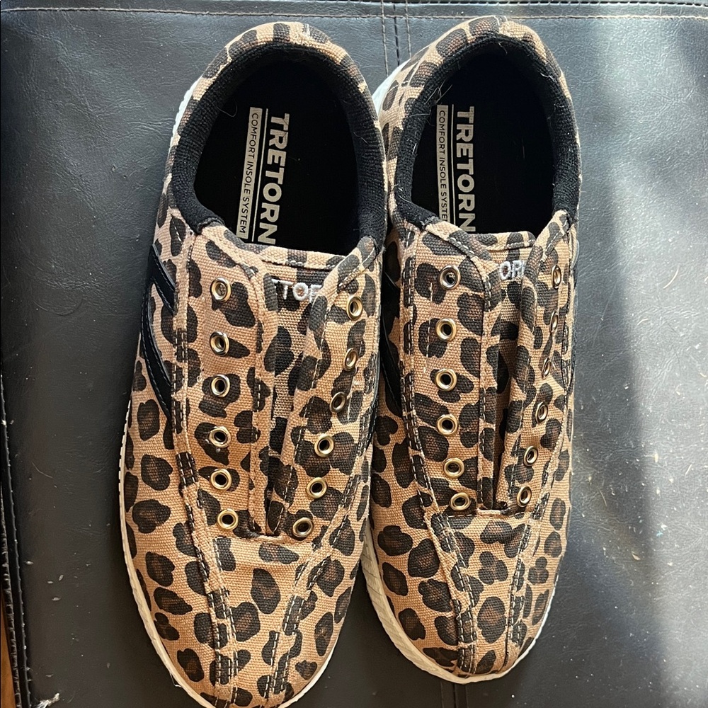 Tretorn women’s Leopard-Print Slip-On Sneakers in Tan and Black 8.5
